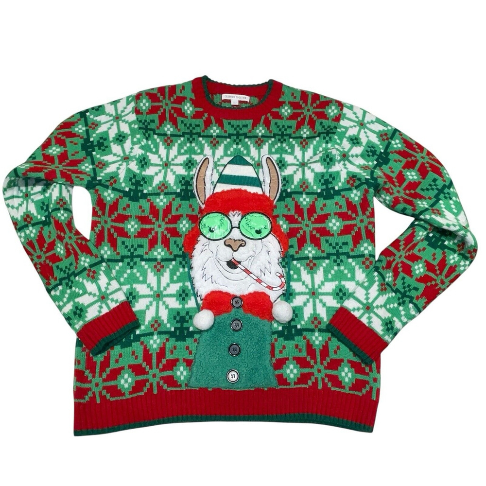 Ugly Christmas Sweater Celebrate Together Mens XL Llama Red Green Winter FLAWED